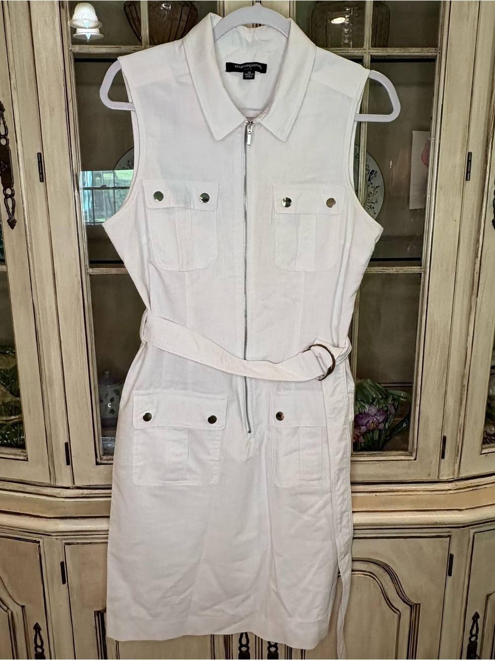 EUC Sharagano White Sleeveless Zippered and Belted Midi Dress with Patch Pockets